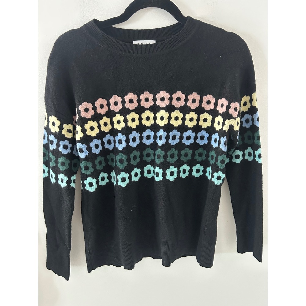 Kinesis Womens Black Floral Crewneck Sweater Multi Color Flower Knit XS